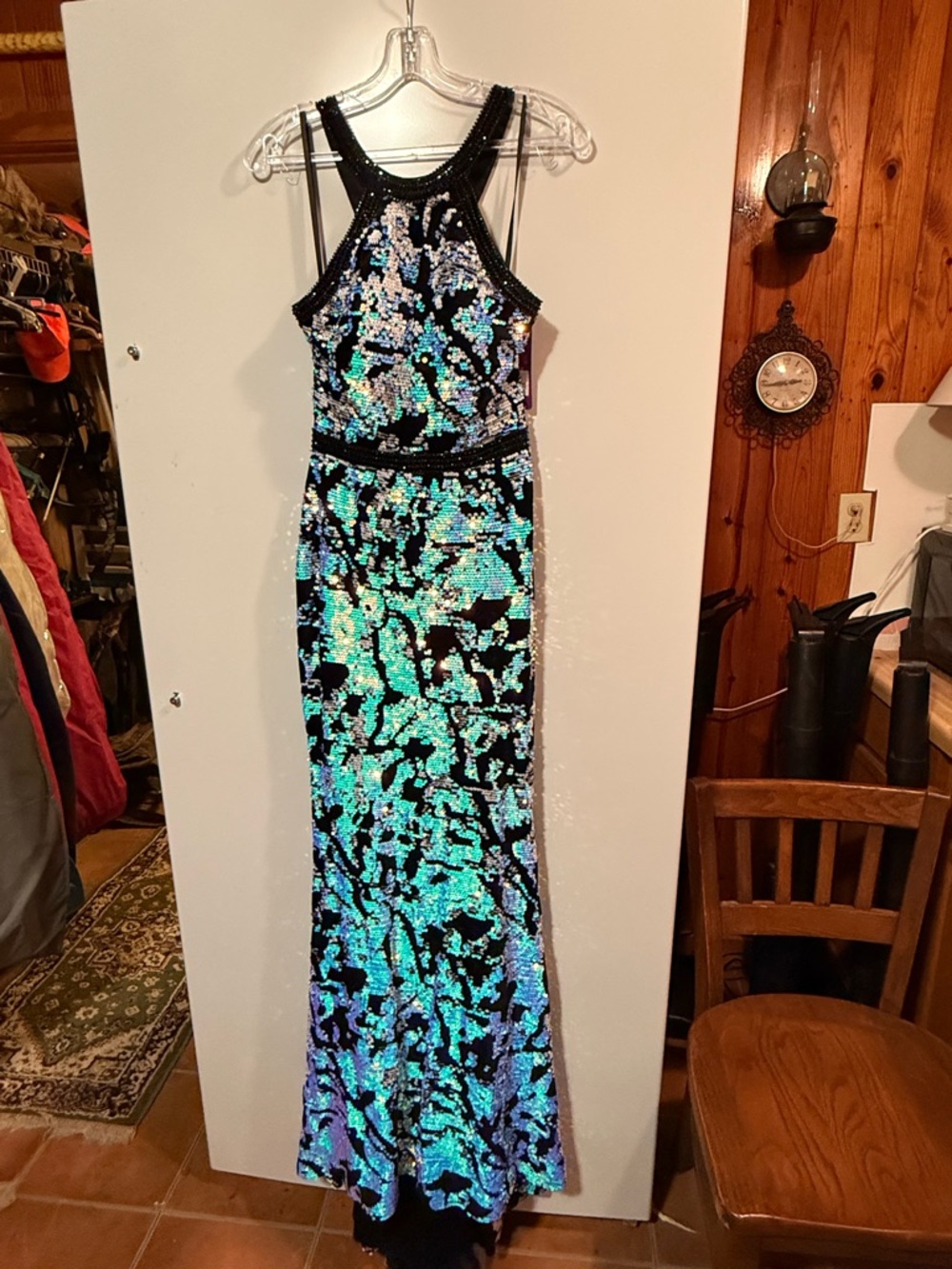 Black Sequin Halter Prom Dress with Iridescent Teal-Green Sequins